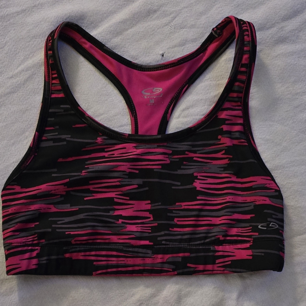Champion Pink and Black Sports Bra with Racerback Design, Medium